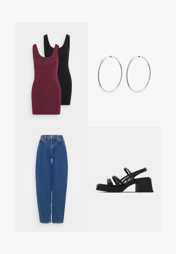 Du erdvus suknelės: viena bordo spalvos, kita juoda, abi pagamintos iš lygaus audinio, su plačiomis petnešomis ir apvaliu iškirpimu.; Mėlyni džinsai su laisvu siluetu, aukštu liemeniu ir tiesiomis kojomis. Yra tradiciniai siuvimo elementai ir penki kišeniai.; Juodos aukštakulnės šlepetės su keliais plonais dirželiais ir plačiu blokiniu kulnu. Elegantiškas dizainas su matinės tekstūros paviršiumi. Pado forma šiek tiek išlenkta.; Sidabriniai auskarai su lygiu, blizgiu paviršiumi. Apskritimo forma, vienodas plotis, sukurti lengvam užsegimui. Paprasti ir elegantiški.