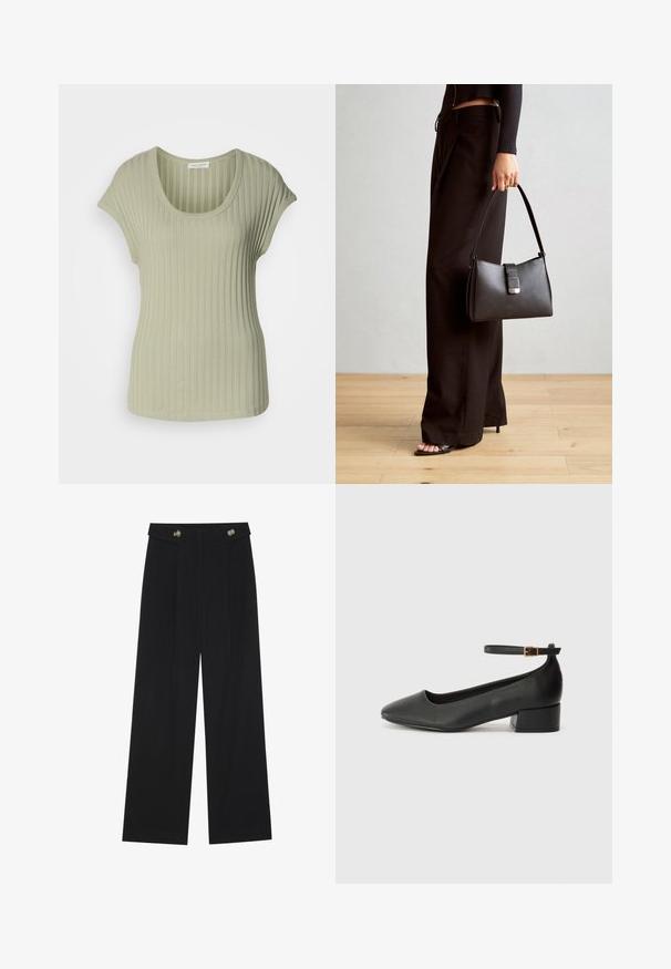 Light green ribbed short-sleeve top with a scoop neck, featuring a soft texture and fitted design. Made of stretchable fabric for comfort.; Black wide-leg trousers with high waist, button details on waistband, and front pleats.; Black leather pump with a pointed toe and a low block heel. Features an ankle strap with a gold-tone buckle. Smooth texture.; Black handbag with structured shape, smooth texture, and a metallic clasp. Paired with wide black pants and open-toe sandals on wooden floor.