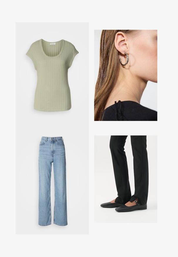 Svetle zelený žebrovaný top s krátkým rukávem a kulatým výstřihem, s měkkou texturou a přiléhavým střihem. Vyrobeno z elastického materiálu pro pohodlí.; Světle modré džíny s vysokým pasem a rovnými nohavicemi, vyrobené z denimu, s předním zapínáním na knoflík a jemnými efekty opotřebení.; Černé kožené baleríny s špičatou špičkou, páskem se stříbrnou sponou, společně s černými kalhotami s úzkým střihem a rozparky na lemech.; Stříbrný kruhový náušník s lesklým povrchem, zdobený malými zlatými akcenty, v kulatém tvaru, nošený na lalůčku.
