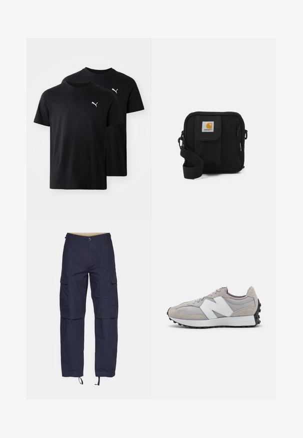 Mustat puuvillapaidat kahdessa paketissa. Ominaisuuksiin kuuluu pyöreä kaula-aukko, lyhyet hihat ja valkoinen Puma-logo vasemmassa yläkulmassa.; Navy cargo-housut, jotka on valmistettu kankaasta, jossa on useita taskuja, nappikiinnitys ja säädettävät lahjevyöt mukautettavaa istuvuutta varten.; Harmaat lenkkarit, joissa on verkko- ja mokkanahkamateriaaleja, valkoisella sivulogolla, harmailla nauhoilla ja mustalla kumipohjalla.; Mustat olkalaukku, jossa on vetoketjullinen pääosasto, etutasku, säädettävä hihna ja näkyvä logo-merkki kannessa.