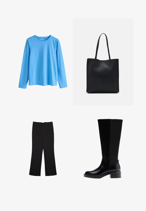 Langærmet blå t-shirt lavet af blød bomuld. Har rund halsudskæring og lige snit med syede kanter uden mønstre.; Sorte bukser med lige pasform, der har frontlommer og slidser i kanten. Lavet af blødt, glat stof. Velegnet til forskellige anledninger.; Sort knæhøj støvle med glat læderfinish, tydelig syning, en klodset hæl og en struktureret bagpanel for ekstra interesse.; Sort læder tote taske med glat tekstur, rektangulær form og to lange hanke. Ingen synlig hardware eller udsmykninger.