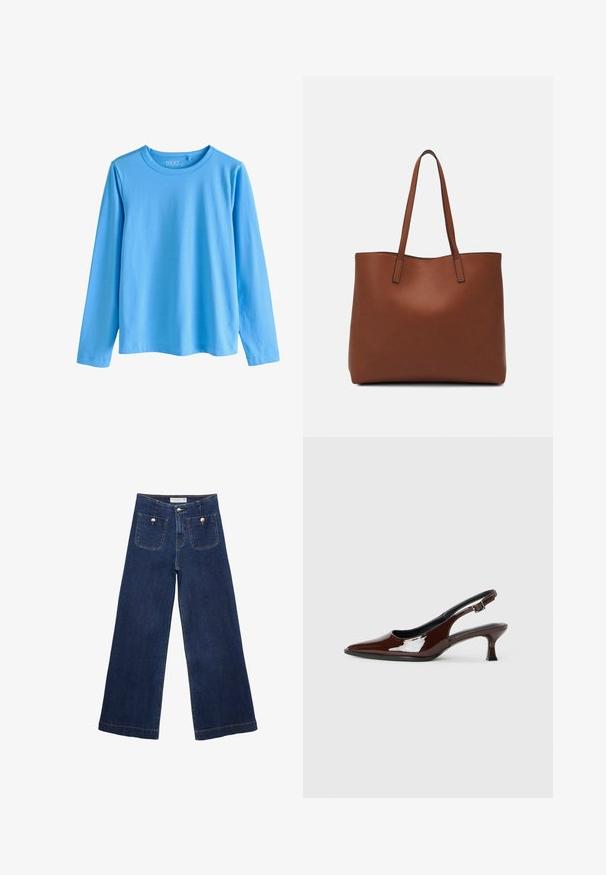 Modré tričko s dlouhým rukávem vyrobené z měkké bavlny. Má kulatý výstřih a rovný střih s prošitými lemy, bez vzorů.; Tmavě modré široké džíny z denimu, s dvěma předními kapsami se dekorativními knoflíky a rovně střiženým lemem.; Hnědé lakované kožené slingback boty s špičatou špičkou a mírným podpatkem. Disponují přezkou pro bezpečné upevnění. Hladký povrch.; Hnědá kožená taška přes rameno s hladkou texturou, otevřeným designem a dvěma ramenními popruhy. Obsahuje minimální švy a žádné viditelné kovové prvky.