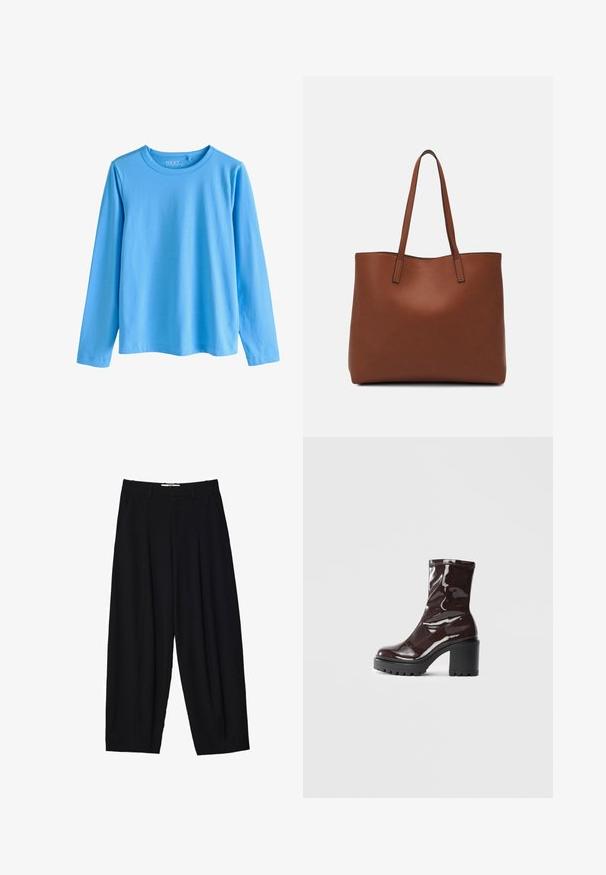 Langærmet blå t-shirt lavet af blød bomuld. Har rund halsudskæring og lige snit med syede kanter uden mønstre.; Sorte vide benbukser lavet af letvægtsstof, med frontfolder, en klassisk talje og sidelommer. Glat tekstur.; Glatte burgunder ankelstøvler med en chunky sort hæl, der har en glat tekstur og et simpelt design. Ingen synlige lukninger eller mønstre.; Brun læder tote taske med en glat overflade, åben topdesign og to skulderremme. Har minimal syning og ingen synlig hardware.