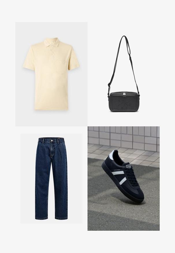 Helles gelbes Polohemd mit kurzen Ärmeln, Kragen, einer vierknöpfigen Knopfleiste und einer Tasche auf der linken Brust. Strukturierter Stoff mit dezentem Glanz.; Dunkelblaue Denim-Jeans mit geradem Bein. Mit sichtbaren Nähten, einem Knopfverschluß und Frontfalten für zusätzliche Details.; Schwarze Leder-Sneaker mit weißen Streifen, strukturiertem Gummisohle und Schnürung. Verfügt über ein Markenetikett auf der Zunge.; Schwarze Leder-Crossbody-Tasche mit einem Reißverschluss, geprägtem Logo auf der Vorderseite und verstellbarem Riemen. Glatte Textur mit rechteckiger Form.