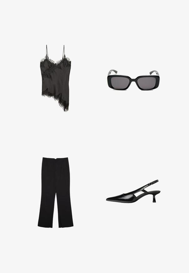 Čierna tielko s jemným čipkovým lemovaním pozdĺž okrajov, asymetrický dizajn, nastaviteľné ramienka a hladká saténová látka.; Čierne nohavice so strihom rovného strihu, s prednými vreckami a bočnými rozparkami na leme. Vyrobené z mäkkej, hladkej tkaniny. Vhodné na rôzne príležitosti.; Čierne lakované kožené lodičky na podpätku s špicatou špičkou, výrezovým dizajnom na boku a malým štvorcovým podpätkom. Hladký povrch s minimálnymi akcentmi.; Čierne obdĺžnikové slnečné okuliare s tmavými sklami, hladkým plastovým rámom a zakrivenými stranami. Dizajn je robustný s minimalistickou estetikou.