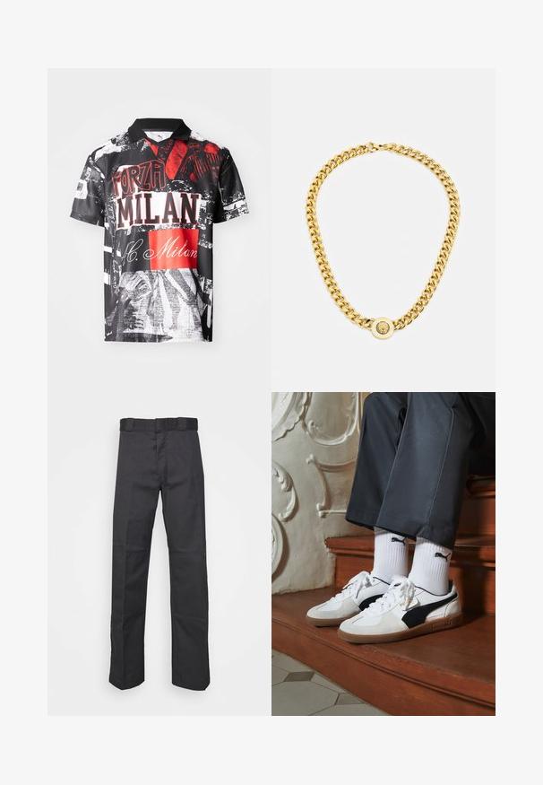 Korte mouwen polo shirt gemaakt van lichte stof, met een zwarte basis en rode en witte grafische prints, tekst en verschillende texturen.; Zwarte broek van duurzaam materiaal, met een rechte pijpdesign, een tailleband met riemlussen en naden voor extra textuur.; Puma sneakers in wit en zwart suède, met een bruine rubberen zool. Gecombineerd met witte sokken met een zwart logo, gedragen met donkere broek.; Gouden ketting met grote onderling verbonden schakels, met een ronde hanger in het midden met een verhoogd embleem.
