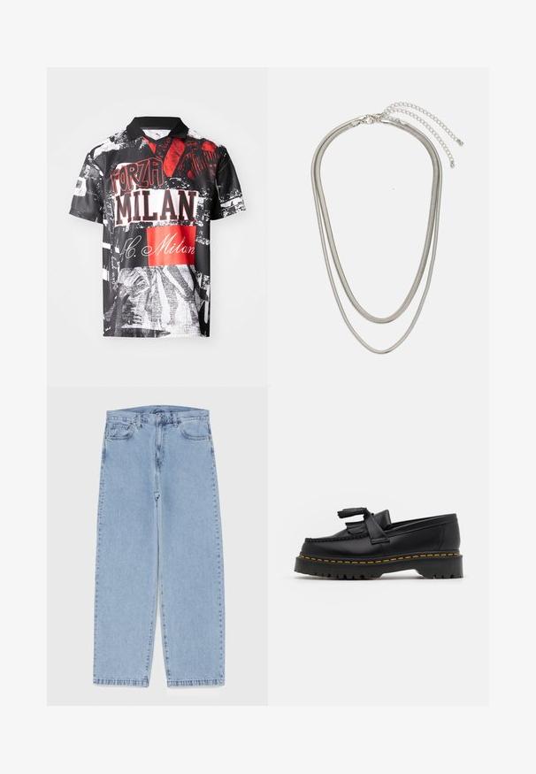 Polo de manga corta hecho de una tela liviana, con una base negra y estampados gráficos en rojo y blanco, texto y texturas variadas.; Jean de mezclilla azul claro con diseño de pierna recta, con una cintura de altura media, cinco bolsillos y un cierre de botón y cremallera.; Mocasín de cuero negro con un acento de borlas, que presenta una suela gruesa negra y costuras amarillas a lo largo del borde. Acabado texturizado.; Collar de metal plateado de tres capas que presenta cadenas flexibles y elegantes con un ligero brillo, asegurado con un cierre de langosta y cadena ajustable.