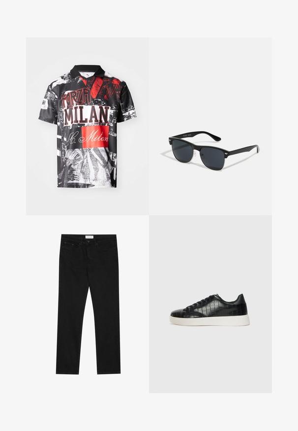 Polo de manga curta feito de tecido leve, com base preta e estampas gráficas em vermelho e branco, texto e texturas variadas.; Jeans pretos de perna reta com design de cinco bolsos, fecho com botão e zíper, e uma etiqueta da marca Pier One na cintura.; Tênis pretos com cabedal em couro texturizado com relevo de crocodilo, bico arredondado e sola de borracha branca em contraste, com acabamento suave.; Óculos de sol pretos com forma retangular, lentes escuras, detalhes em prata nas hastes e um acabamento mate na armação.