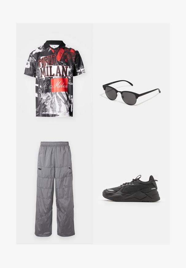 Polo à manches courtes en tissu léger, avec une base noire ornée d'impressions graphiques rouges et blanches, de texte et de textures variées.; Pantalons puffers gris avec une taille élastique, présentant des lignes de design matelassées et un petit logo noir sur la cuisse gauche. Matériau léger.; Baskets noires avec une tige texturée, comprenant des matériaux en maille et synthétiques, une semelle épaisse et des accents réfléchissants pour la visibilité.; Lunettes de soleil noires avec des verres ronds, finition mate et une forme distinctive en œil de chat. Monture fine avec un logo discret sur la branche gauche.