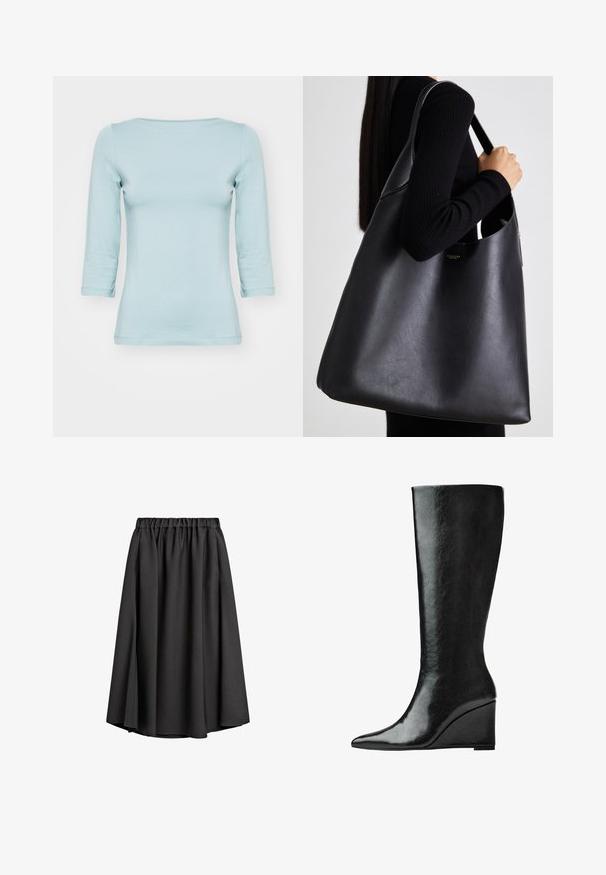 Ljusblå skjorta med 3/4-långa ärmar, tillverkad av mjukt material. Har en rundad halsringning och en figursydd passform. Sömlös konstruktion utan mönster.; Svart midikjol i lätt, flödande tyg med elastisk midja och svag A-linjeform. Inga synliga mönster eller detaljer.; Knähöga svarta läderstövlar med en slank, spetsig tå och kilklack. Ytan är slät med en glansig finish.; Svart läder tote-väska med en slät yta, överdimensionerad form och en enkel axelrem. Har ett; guldlogotypaccent.