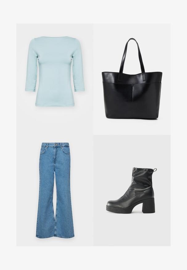 Lys blå, t-skjorte med 3/4 ermer laget av mykt materiale. Har en rund hals og en tettsittende fasong. Sømløs konstruksjon uten mønstre.; Lyseblå vide jeans laget av denim, med høyt liv, fem lommer og en enkelt knappelukking. Myk tekstur med falmet finish.; Svarte ankelstøvler laget av glatt lær, med glidelås på siden, chunky strukturert hæl, og rund tå-design.; Svart lær toteveske med to lange håndtak, en glatt tekstur og en strukturert form. Har en frontlomme for ekstra oppbevaring.