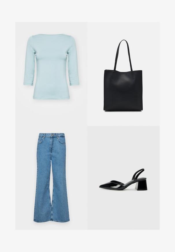 Šviesiai mėlyna, trijų ketvirčių rankovių marškinėliai, pagaminti iš minkštos medžiagos. Yra apvalus iškirpimas ir figūrą glostanti forma. Siuvimo be siūlių konstrukcija, be raštų.; Šviesiai mėlynos flared džinsai, pagaminti iš džinsinio audinio, su aukštu liemeniu, penkiomis kišenėmis ir vienu mygtuko užsegimu. Minkštas paviršius su išblukusiu efektu.; Juodos lakuotos odinės šlepetės su smailiu pirštu ir geometriniu bloko kulnu. Turi elegantišką, minimalistinį dizainą ir lygų paviršių.; Juodas odinis tote krepšys su lygia tekstūra, stačiakampio formos ir dviem ilgais rankenomis. Matomų metalinių detalių ar puošybos nėra.