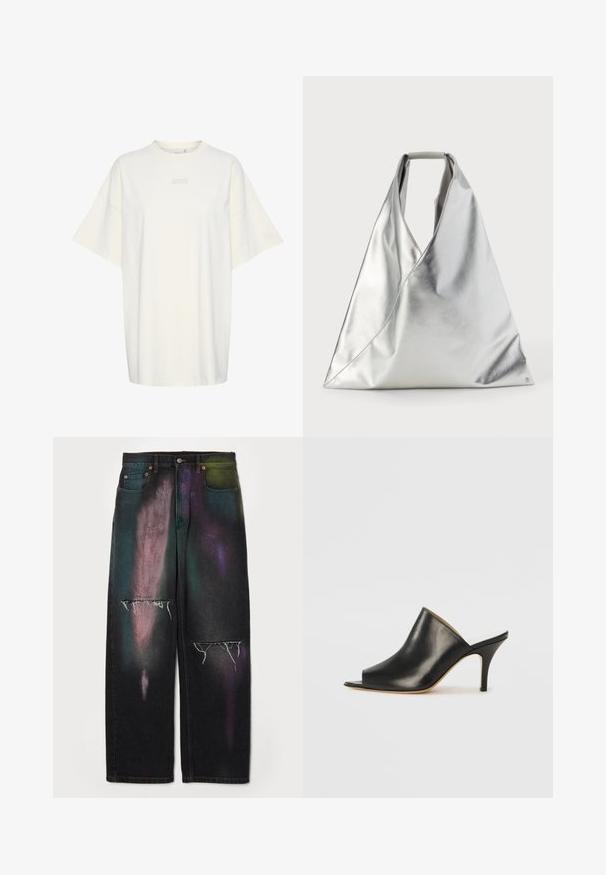 Gestuz JIO OVERSIZE TEE - T-Shirt basic - birch; MM6 Maison Margiela PANTS 5 POCKETS - Jeans Relaxed Fit - black; Schwarze Leder- offene Zehen-Mules mit einem eleganten, geschwungenen Design, hohem Stiletto-Absatz und glatter Textur. Das Innere weist eine kontrastierende hellere Farbe auf.; MM6 Maison Margiela CLASSIC JAPANESE HANDBAG - Handtasche - silver-coloured