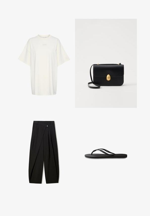 Gestuz JIO OVERSIZE TEE - T-shirt basic - birch; Zwarte brede pantalon gemaakt van soepele stof, met voorkeerdiezels, een knoopsluiting en een maatwerkontwerp voor een gestructureerde silhout.; Zwarte flip-flop met een gestructureerde rubberen zool, twee slanke banden en een subtiele, ingedrukte logo-detail op de band.; Zwarte leren handtas met een gestructureerde rechthoekige vorm. Voorzien van een gouden ovale sluiting en een dunne schouderband. Glad van textuur.