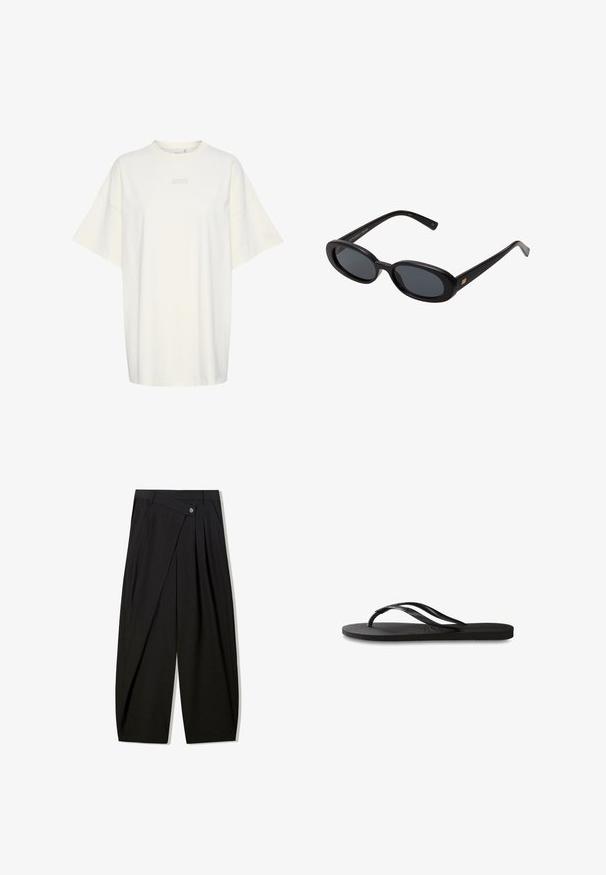 Gestuz JIO OVERSIZE TEE - Jednoduché tričko - birch; Černé kalhoty s širokými nohavicemi vyrobené z hladké tkaniny, s předními sklady, zapínáním na knoflík a přizpůsobeným střihem pro strukturovanou siluetu.; Černé žabky s texturovanou gumovou podrážkou, dvěma štíhlými popruhy a jemným, embosovaným logem na popruhu.; Černé oversized sluneční brýle s oválnými čočkami, hladkým plastovým rámem a zlatými akcenty na spáncích. Tmavé čočky poskytují ochranu před sluncem.
