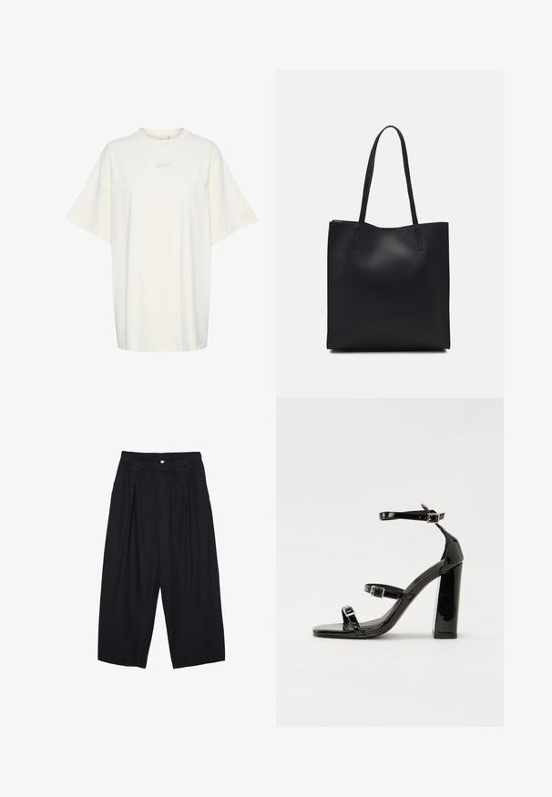 Gestuz JIO OVERSIZE TEE - Osnovna majica kratkih rukava - birch; Crne poliester hlače culotte s elastičnim pojasom, dva prednja nabora i širokim krojem. Nema vidljivih uzoraka ili metalnih detalja.; Crne lakirane sandale na pete sa kvadratnim nosom, trakama oko gležnja i srebrnim kopčama. Imaju čvrst blok petu za stabilnost.; Crna kožna torba za nošenje s glatkom teksturom, pravokutnim oblikom i dvije duge ručke. Nema vidljivih metalnih dijelova ili ukrasa.