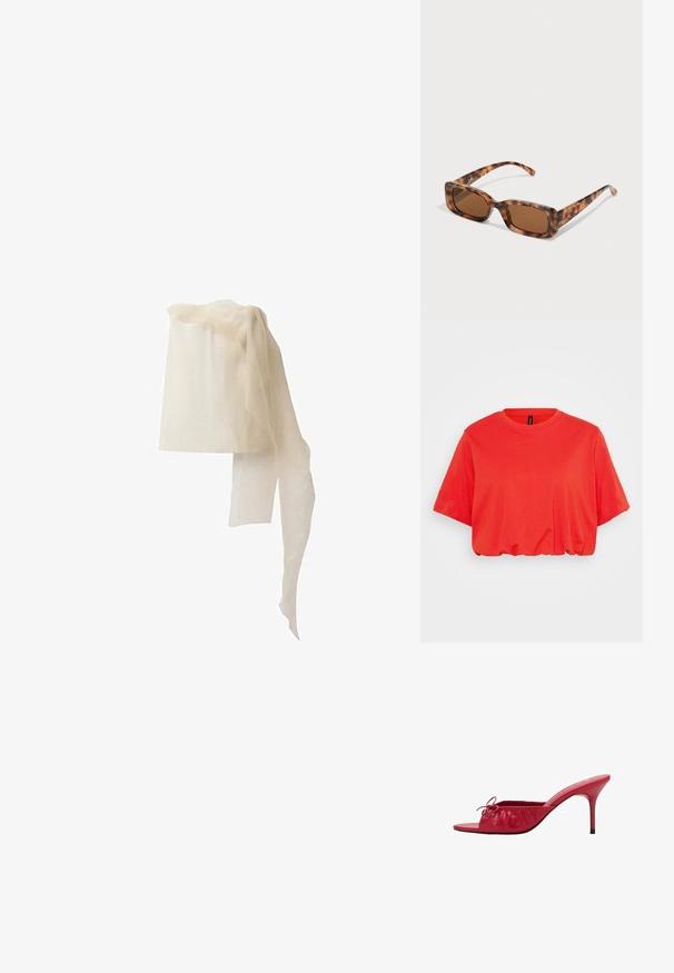 Tricou roșu scurt, fabricat din bumbac moale, cu decolteu rotund, mâneci scurte și margine de jos elastică pentru o potrivire confortabilă.; Pălărie din in de culoare albă-crem, cu formă cilindrică, acoperită de o eșarfă diafană și fluidă, având o textură moale și translucidă.; Sandale roșii din piele, cu vârful deschis, design cu cute și pliuri, și o fundă decorativă. Prezintă un toc stiletto și un finisaj neted.; Ochelari de soare cu rama țestoasă, cu lentile rectangulare maro, o ramă groasă și brațe subțiri, prezentând un model cu nuanțe variate de maro.; Geantă din piele roșie lucioasă, cu o formă triangulară, deschidere largă în partea de sus și un singur mâner curbat. Textură netedă cu detalii minime de coasere.