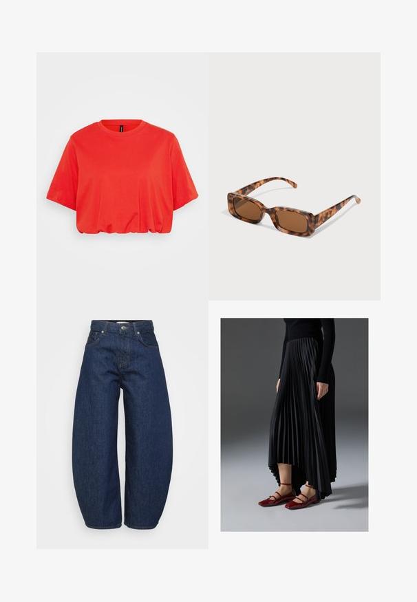 Punane lühikeste varrukatega T-särk, mis on valmistatud pehmest puuvillast, ümarate krae ja elastse alumise äärisega, mis tagab mugava istumise.; Kõrge vöökohaga tumesinised denim püksid laia säärega, esine nupuga ja tõmblukuga sulgemine ning klassikaline viie tasku disain.; Mustmust seelik kõrgema ees- ja madalama taga servaga, kombineeritud läikivate punaste sussidega, millel on rihma kujundus. Kangas on sileda tekstuuriga.; Kilpkonna kestaga prillid, millel on ristkülikukujulised pruuni värvi objektiivid, paks raam ja peened käed, millel on erinevate pruunide toonide muster.; Hõbedane rõngas kõrvarõngas poleeritud viimistlusega, millel on väikesed kuldsed aktsendid ja ümmargune kuju, kantud lobus.