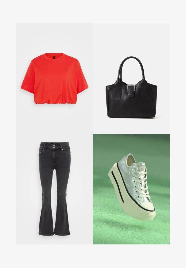 Red cropped t-shirt made of soft cotton, featuring a round neckline, short sleeves, and an elasticated bottom hem for a relaxed fit.; Black flared jeans made of denim, featuring a high waist, double button closure, and front pockets with a clean finish.; Metallic silver sneaker with a platform sole, white laces, and black accents. Features a rounded toe and textured rubber outsole.; Black leather tote bag with smooth texture, structured shape, two handles, and a prominent silver buckle detail on the front.