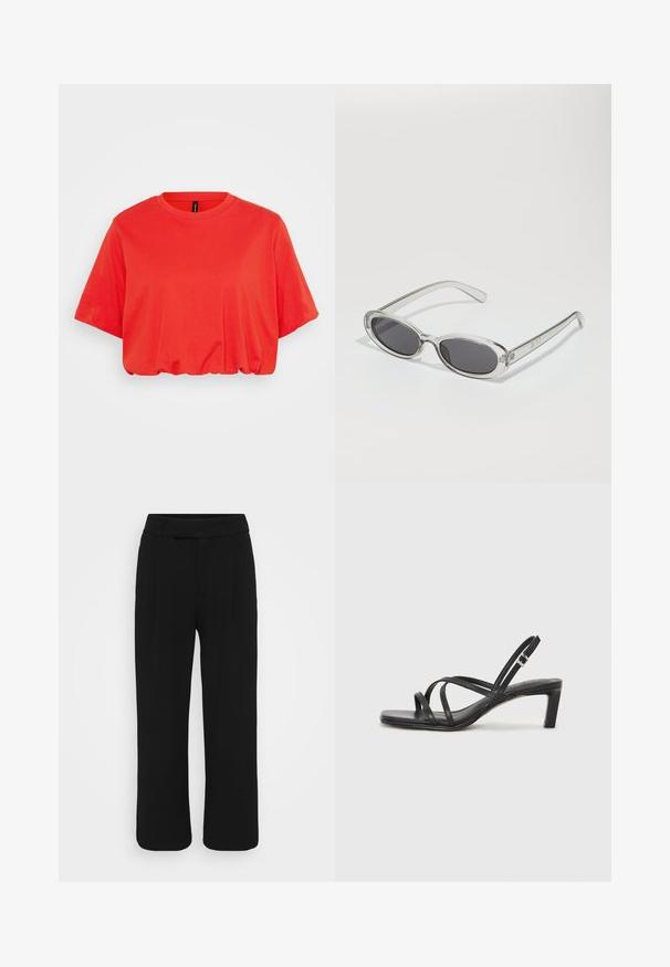 Červené zkrácené tričko vyrobené z měkké bavlny, s kulatým výstřihem, krátkými rukávy a elastickým spodním lemem pro uvolněný fit.; Černé kalhoty širokého střihu vyrobené z hladké látky, s plochým předním dílem, poutky na opasek a bez viditelných kapes. Čistý, módní design.; Černé sandály na tenkém podpatku se čtveratou špičkou a nízkým blokovým podpatkem. Mají několik tenkých popruhů a nastavitelné zapínání okolo kotníku. Vyrobeny z hladké kůže.; Sluneční brýle s oválným tvarem, průhledným plastovým rámem, tmavě šedými skly a tenkými průhlednými stranami s akcenty loga a minimálními detaily.