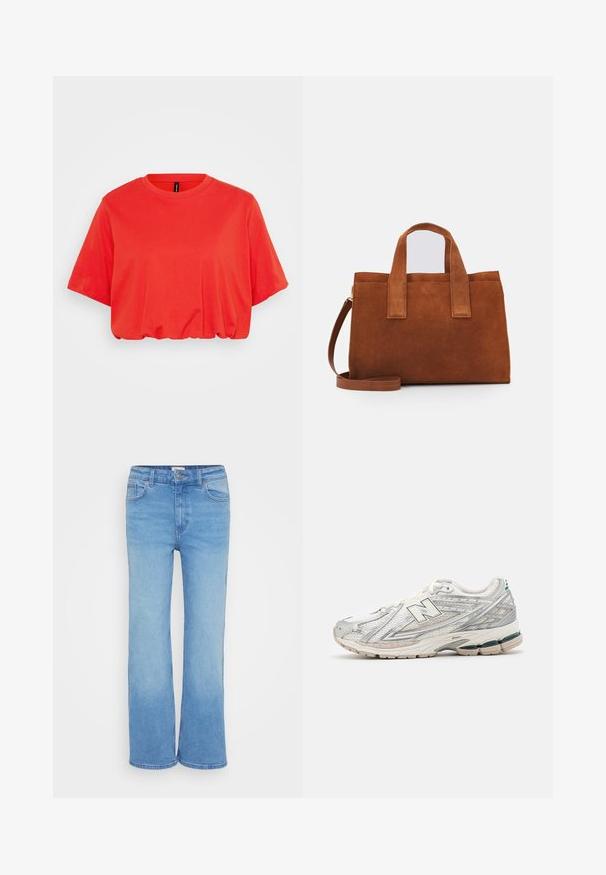 Camiseta corta roja de algodón suave, con cuello redondo, mangas cortas y dobladillo inferior elástico para un ajuste relajado.; Vaqueros de mezclilla azul claro con un diseño clásico de pierna recta, cinco bolsillos y cierre frontal con botón. Textura suave con color uniforme.; La zapatilla de correr presenta una parte superior de malla plateada y blanca con un acento verde. La suela es gruesa y texturizada, diseñada para ofrecer amortiguación y soporte.; Bolso de ante marrón con dos asas superiores y una correa de hombro ajustable. Presenta una forma estructurada y un diseño minimalista.