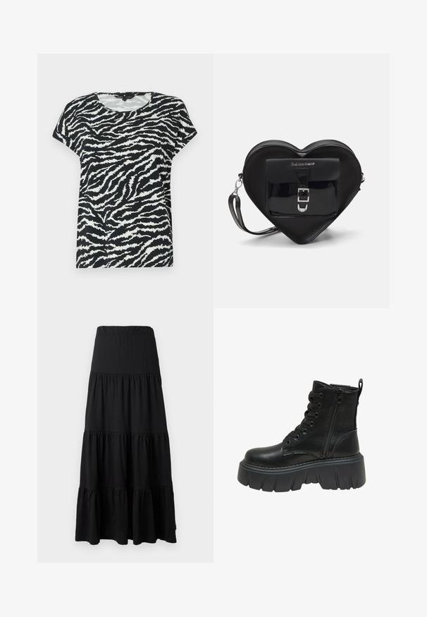 Crno-bijela kratko rukava majica s uzorkom zebra pruga, okruglim izrezom i mekanom teksturom. Opšta veličina i udoban dizajn.; Crna maxi suknja od mekanog materijala, s višeslojnim dizajnom, elastičnom naramenicom i volanima na rubu.; Crne kožne gležnjače s debelim platformom, s vezanjem sprijeda i bočnim zatvaračem za lako oblačenje. Strukturne detalje duž đona.; Crna torba u obliku srca od patentirane kože s prednjim džepom koji ima zatvaranje na kopču i odvojivi remen. Srebrni detalji.