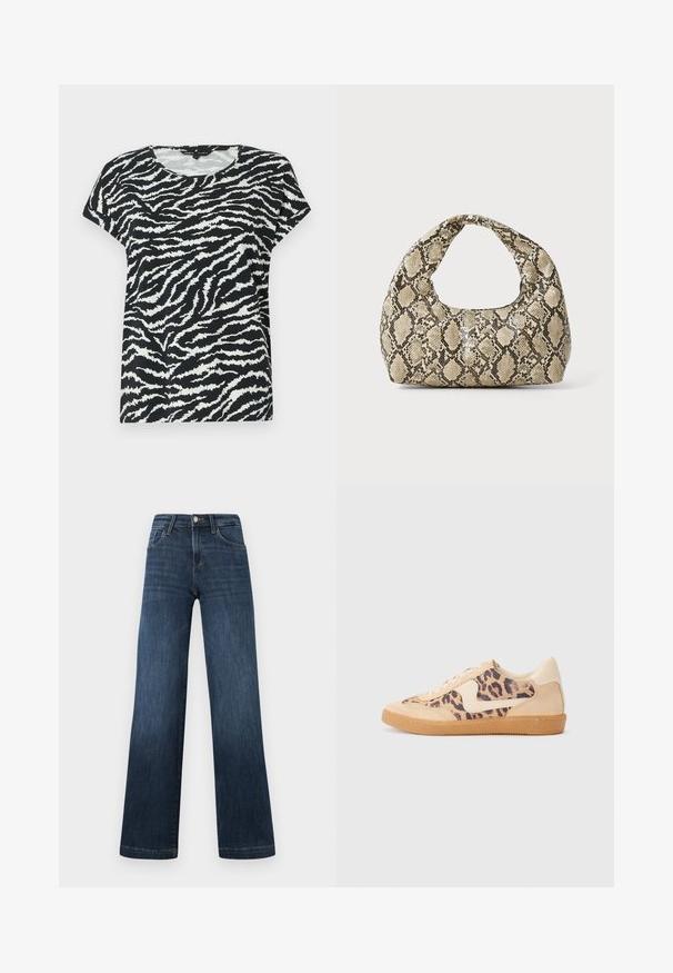Black and white short-sleeve t-shirt featuring a zebra stripe pattern, round neckline, and soft texture. Casual fit and comfortable design.; Dark blue denim jeans with a wide-leg design, featuring five pockets and a front button closure. Smooth texture and classic stitching details.; Leopard print sneakers with beige suede upper, tan rubber sole, and white accents. Round toe and lace-up design with a textured finish.; Snake-print handbag with a curved handle. Made from textured, beige and brown materials, featuring a distinctive diamond pattern.
