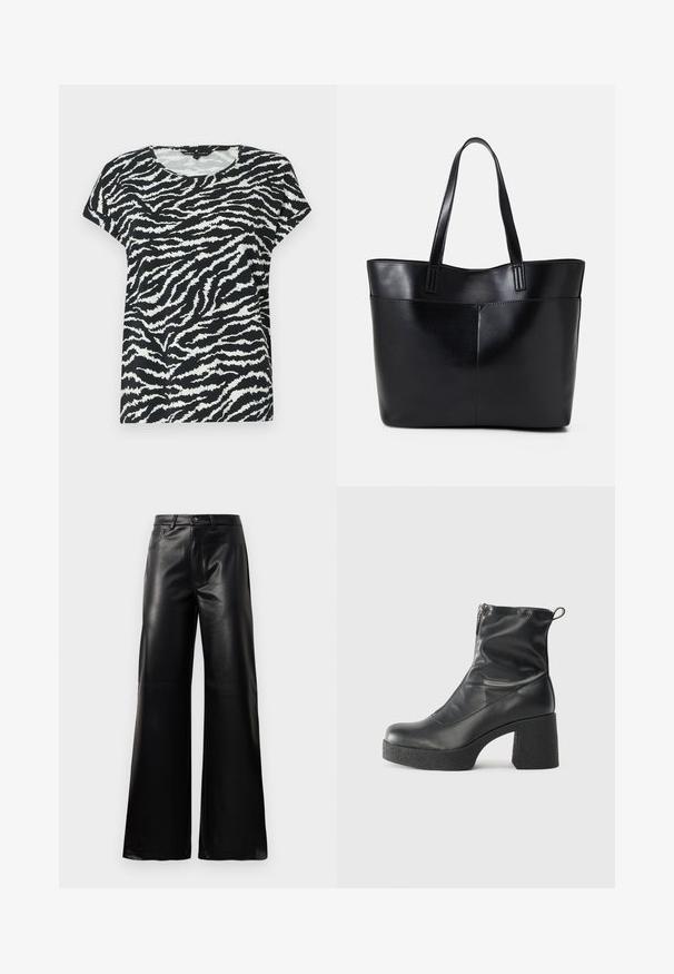 Schwarz-weißes Kurzarm-T-Shirt mit Zebra-Streifenmuster, Rundhalsausschnitt und weichem Material. Legere Passform und bequeme Gestaltung.; Schwarze leichte, weit geschnittene, hochtaillierte Kunstlederhose mit vorderem Knopf, Reißverschluss, Gürtelschlaufen und Seitentaschen auf weißem Hintergrund.; Schwarze Stiefeletten aus glattem Leder mit seitlichem Reißverschluss, klobigem strukturiertem Absatz und runder Zehenform.; Schwarze Leder-Shopper-Tasche mit zwei langen Griffen, einer glatten Textur und einer strukturierten Form. Verfügt über eine Vordertasche für zusätzlichen Stauraum.