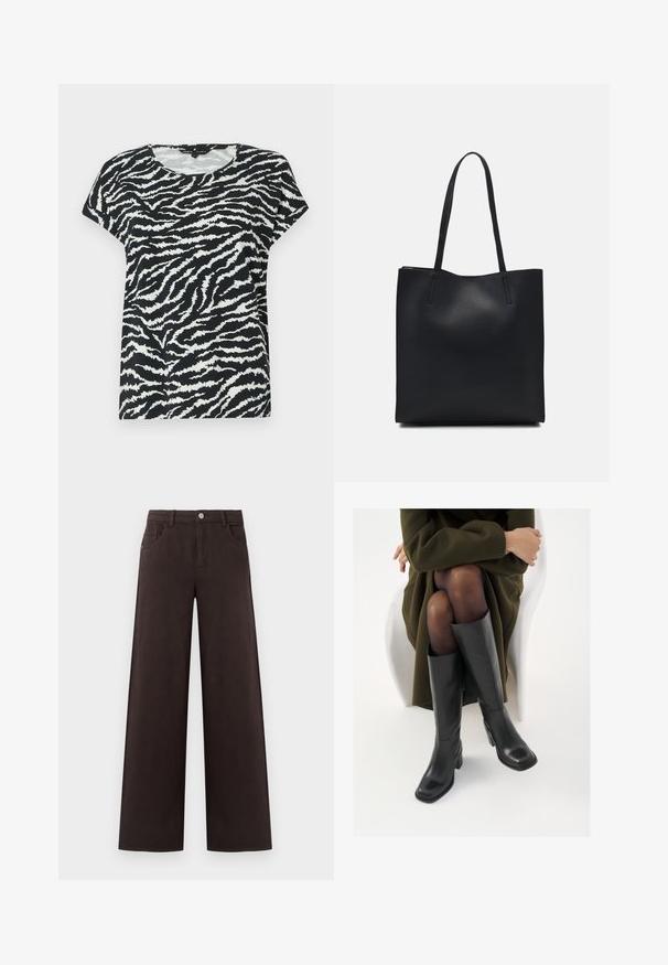 Črno-bela majica s kratkimi rokavi z vzorcem zebrove črte, okroglim ovratnikom in mehko teksturo. Ohlapen kroj in udoben dizajn.; Široke hlače iz temno rjavega bombaža. Imajo gumb za zapiranje in sprednje žepke, s gladko teksturo in čistimi linijami.; Črne usnjene čevlje do kolen s kvadratnim prstom in blok peto, prikazani na modelu, ki sedi v olivno zeleni plašču. Gladka tekstura, minimalne podrobnosti.; Črna usnjena torba s svilnato teksturo, pravokotne oblike in dvema dolgima ročajema. Brez vidnih metalnih delov ali okrasnih elementov.
