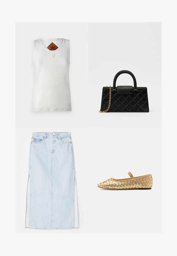 MCM SEQUINS TANK - Top - white; Gonna maxi in denim azzurro chiaro con taglio dritto, dotata di spacchi laterali e design a cinque tasche. Cuciture in evidenza e chiusura con bottone in metallo.; Loeffler Randall LEONIE SOFT BALLET FLAT - Ballerine con cinturino - gold; Borsetta nera realizzata in pelle texturizzata, con un motivo a diamante, una tracolla in metallo dorato e un manico superiore con chiusura a pattina con logo in rilievo.