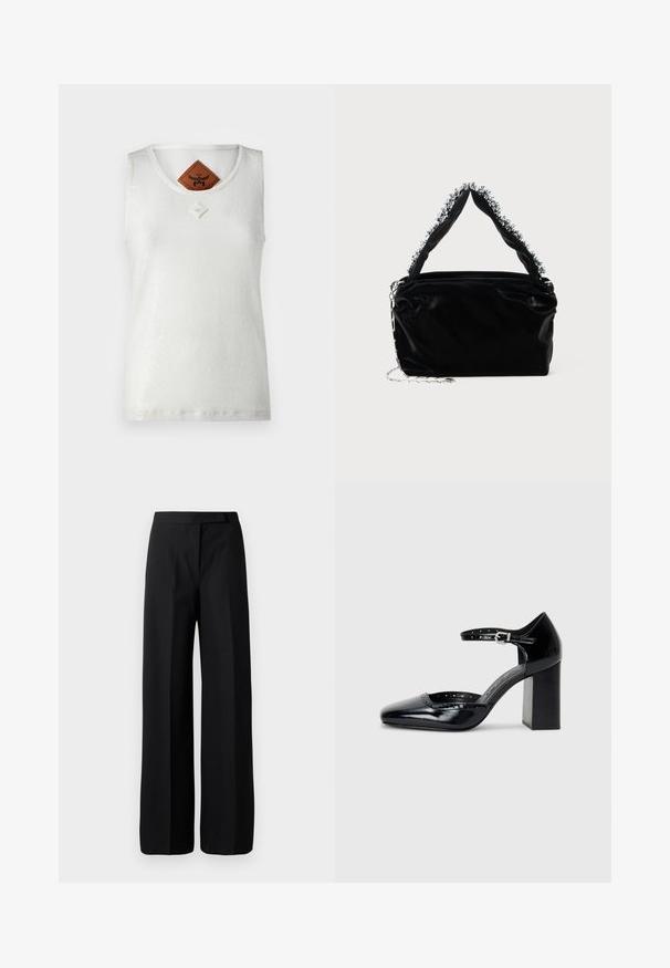 MCM SEQUINS TANK - Top - white; Pantaloni negri cu picioare largi, având o textură netedă și mată. Talie plată, fără elemente metalice sau modele vizibile. Design simplu și elegant.; Pantofi cu toc înalt din piele lăcuită neagră, cu vârf pătrat, curea pentru gleznă și toc gros. Include detalii perforate de-a lungul marginii.; Geantă din piele sintetică neagră cu un finisaj texturat, având un accent din mărgele argintii de-a lungul mânerului de sus și o curea din lanț.