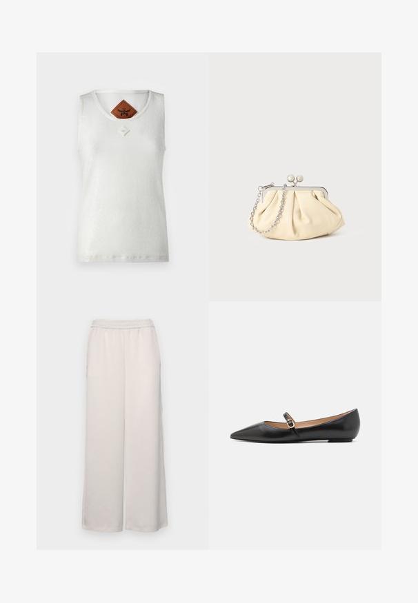 MCM SEQUINS TANK - Top - white; Lys beige brede bukser med elastisk talje. Glat stof, fuld længde, ingen synlige udsmykninger eller mønstre.; Sorte læder balletflade med spids tå og en side rem med et rundt guldaccent. Letvægts med en flad sål.; Plisseret beige læderclutch med en sølvmetalramme, der har to runde dekorative låse og en sølvkædetrasporte.