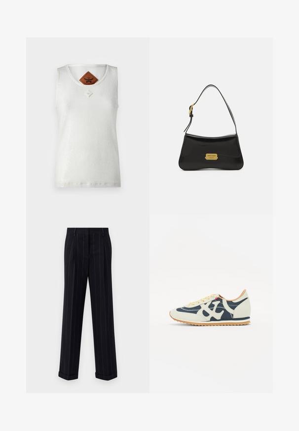 MCM SEQUINS TANK - Top - white; Černé pruhované kalhoty s úzkým střihem, se zúženým lemem a předními sklady. Vyrobené z hladkého materiálu se strukturovaným designem.; Tenisky se směsí krémových, námořnických a svrškových materiálů, šněrováním, diagonálním prošíváním a gumovou podrážkou s dobrou přilnavostí.; Černá kožená kabelka s zakřiveným designem, zlatou logovou destičkou a úzkým ramenním popruhem. Hladká textura s elegantním povrchem.