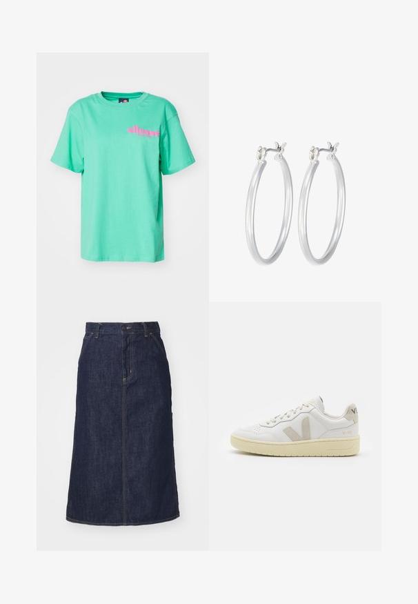 Ellesse CAMPOFELICE - Triko s potiskem - green; Tmavě modrá džínová sukně s vysokým pasem, rovného střihu, předními kapsami a prošitými švy. Disponuje zipem a knoflíkem na zapínání v pase.; Bílé kožené tenisky s béžovými semišovými akcenty, perforovanou špičkou, plochými tkaničkami a strukturovanou krémovou podešví. Obsahují jemné logo na patě.; Stříbrné kruhové náušnice s hladkým, lesklým povrchem. Kulatý tvar a bezpečné zapínání na klip. Lehký design vhodný pro každodenní nošení.