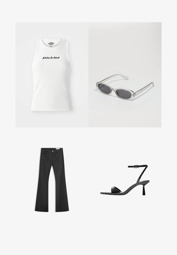Tricou alb cu nervuri, cu decolteu rotund și fără mâneci, având „Dickies” scris cu litere negre pe piept.; Blugi negri evazați din denim cu o textură netedă, având două buzunare la spate și închidere cu buton la talie.; Bershka Sandale cu toc - black; Ochelari de soare cu formă ovală, ramă din plastic transparent, lentile gri închis și brațe subțiri transparente cu accente de logo și detalii minime.