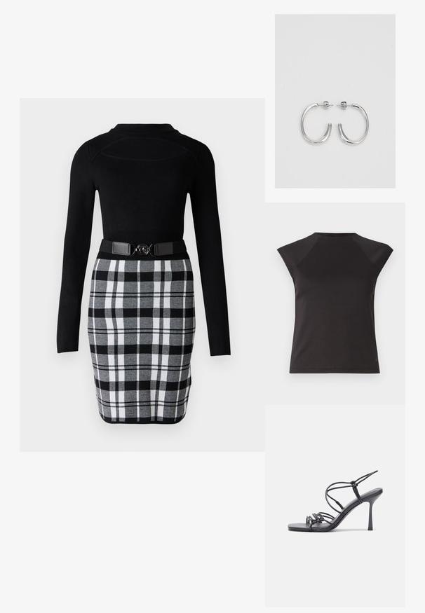 Mustat lyhythihaiset t-paita, jossa on pyöreä kaula-aukko ja viistot olkasaumat. Valmistettu sileästä kankaasta, joka on istuva ja ilman näkyviä kuvioita.; Musta pitkähihainen yläosa, jossa on istuva malli, yhdistetty mustavalkoiseen ruudulliseen kynähameeseen, jossa on vyö ja pyöreät metalliosat.; Mustat korkokengät sandaalit, joissa on ohuet hihnat solmittuna, sileä neliön muotoinen varvasosa ja tyylikäs stiletto-korko.; Vaalea harmaa metallinen käsilaukku, jossa on ketjusanka. Laukku on koristeltu pienillä pyöreillä metallikoruilla ja kolmion muotoisella brändilogolla.; Hopeiset korvarenkaat, joissa on sileä ja kiiltävä pinta, kaareva muoto ja piikkikiinnitys. Minimalistinen muotoilu modernilla viimeistelyllä.