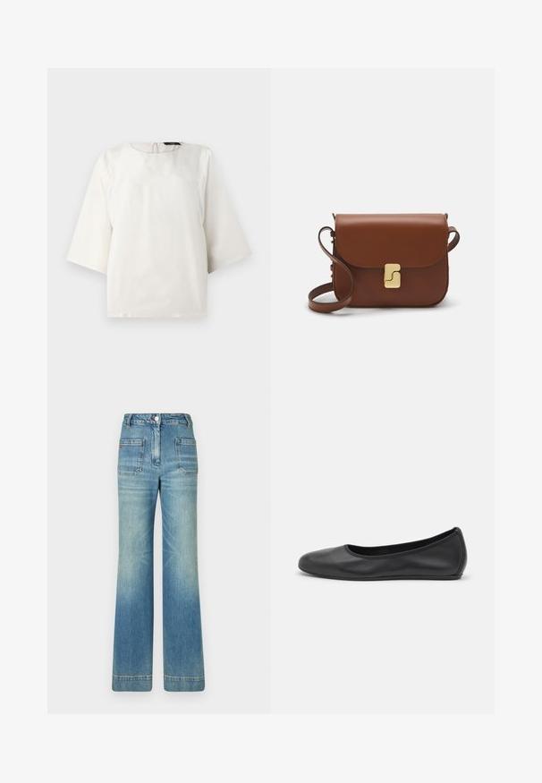Weißes kurzärmliges Blusenshirt mit rundem Halsausschnitt und Schlüsselaugenöffnung hinten. Glatte Textur und minimalistisches Design, das eine lockere Passform bietet.; Helle blaue, ausgestellt geschnittene Jeans aus Denim mit fünf Taschen, Gürtelschlaufen, Knopfverschluss und einer leicht verblassten Textur, die ein rotes Logodetail auf der Rückseite aufweist.; Schwarze Leder-Ballettschuhe mit abgerundeter Spitze, glatter Textur, minimalen Nähdetails und einem flexiblen Sohlen-Design.; Braune Ledertasche mit Klappenverschluss, Beschlägen in Goldfarbe, einem Schultergurt und einer glatten Oberfläche. Kompakte rechteckige Form.
