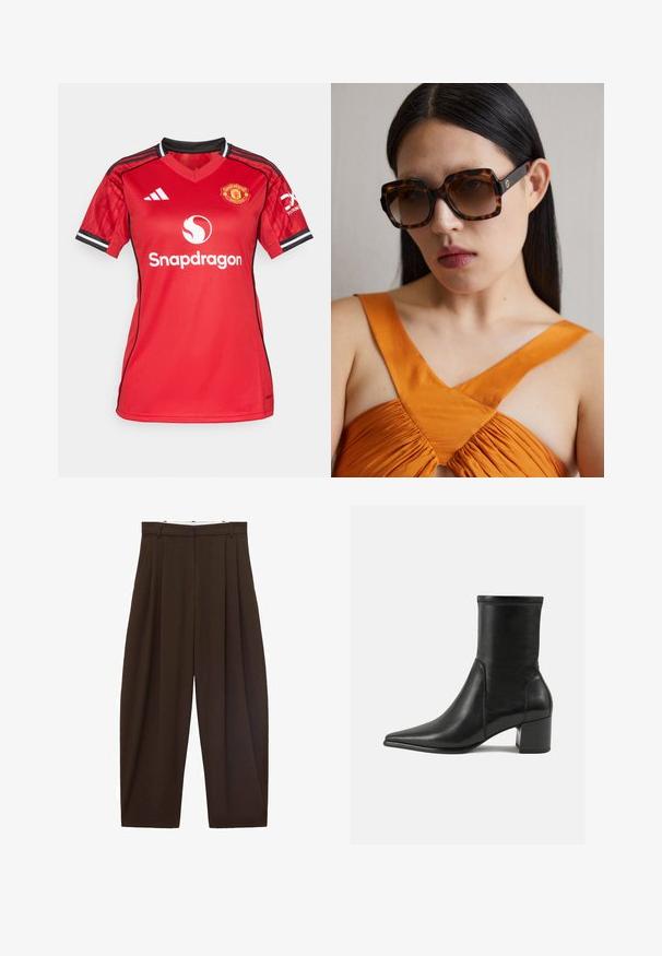 Červený fotbalový dres s výstřihem do V, černými akcenty na rukávech a logem na hrudi. Tkanina má hladkou strukturu a prodyšný design.; Hnědé kalhoty s vysokým pasem a sklady, vyrobené z hladké látky. Volný střih, rovné nohavice, obsahující poutka na opasek a zip.; Černé kožené kotníkové boty s hladkým povrchem, špičatou špičkou, blokovým podpatkem a výrazným vyvýšeným šitím na horním okraji.; Hnědé želvovinové sluneční brýle v oversize stylu s širokým obdélníkovým rámem a gradientními skly. Zlatý logo detail na boku.; Černá semišová kabelka s dvojitými horními uchy, strukturovaným designem, výrazným švem a prostorným tvarem pro univerzální použití.