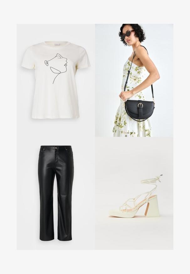 ONLY Carmakoma CARCILLE LADY - Apdrukāts T-krekls - cloud dancer; Melnas mākslīgās ādas bikses ar taisnu griezumu, ar jostas cilpām, priekšpogu kabatām un rāvējslēdzēju ar pogu aizdari. Gluda tekstūra.; Baltas augstpapēžu sandales ar masīvu papēdi, ar siksnu dizainu un potītes saistītiem elementiem. Gluda tekstūra ar platformu priekšpusē, lai nodrošinātu papildu augstumu.; Melnas ādas rokassoma ar izliekta formu, noņemamu siksnu un zelta aksesuāriem. Somai ir vāciņš ar sprādzes detaļu.