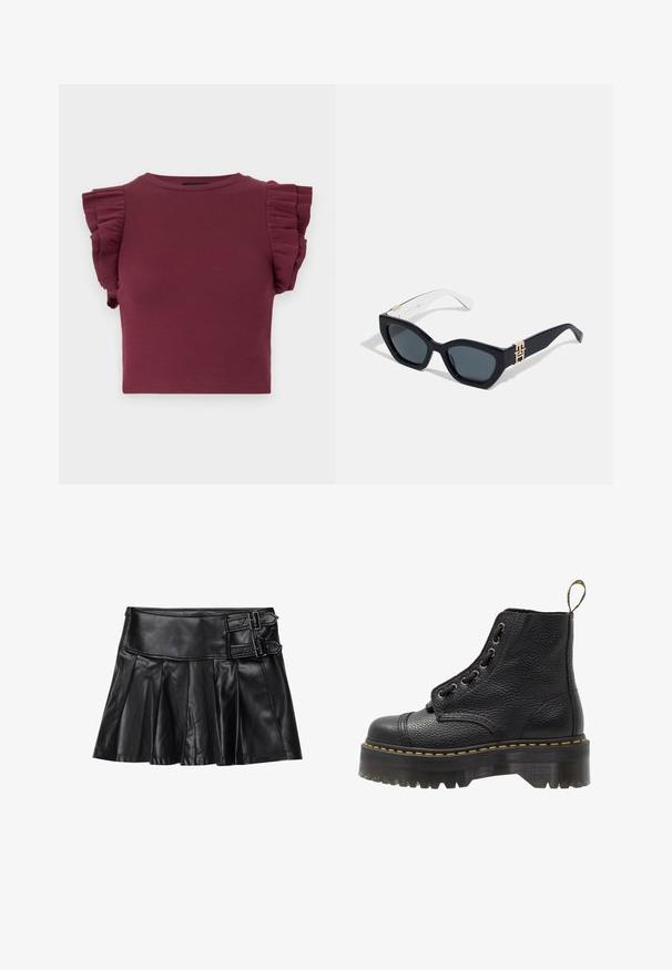 Burgundy ribbed cropped top with short ruffled sleeves and a round neckline. Smooth texture and fitted design suitable for layering.; Black leather skirt with pleats, wide waistband, and two buckle accents on the side. Smooth texture with a glossy finish.; Black leather ankle boot with textured surface, round toe, lace-up design, yellow stitching, and a thick, ridged black platform sole.; Tommy Hilfiger Sunglasses - blue