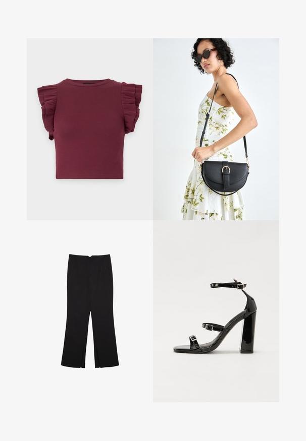 Burgundský rebrovaný krátky top s krátkymi volánovými rukávmi a okrúhlym výstrihom. Hladká textúra a priliehavý strih vhodný na vrstvenie.; Čierne nohavice so strihom rovného strihu, s prednými vreckami a bočnými rozparkami na leme. Vyrobené z mäkkej, hladkej tkaniny. Vhodné na rôzne príležitosti.; Čierne lakované sandále na podpätku so štvorcovou špičkou, navlečenými remienkami okolo členku a striebornými prackami. Disponujú masívnym blokovým podpätkom pre stabilitu.; Čierna kožená kabelka s zaobleným tvarom, odnímateľným popruhom a zlatými doplnkami. Kabelka má klopu s detailom s prackou.