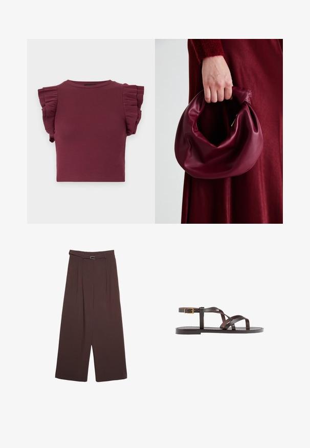 Bordowy prążkowany crop top z krótkimi falbaniastymi rękawami i okrągłym dekoltem. Gładka tekstura i dopasowany krój, idealny do warstwowego noszenia.; Stradivarius - Spodnie materiałowe; Brązowe skórzane sandały z krzyżującymi się paskami, zapięciem na klamrę przy kostce oraz płaską podeszwą z minimalnymi detalami szycia.; Bordowa skórzana torebka o miękkim, marszczonym wyglądzie i zaokrąglonym kształcie. Uchwyt jest zabezpieczony, co podkreśla gładką fakturę.