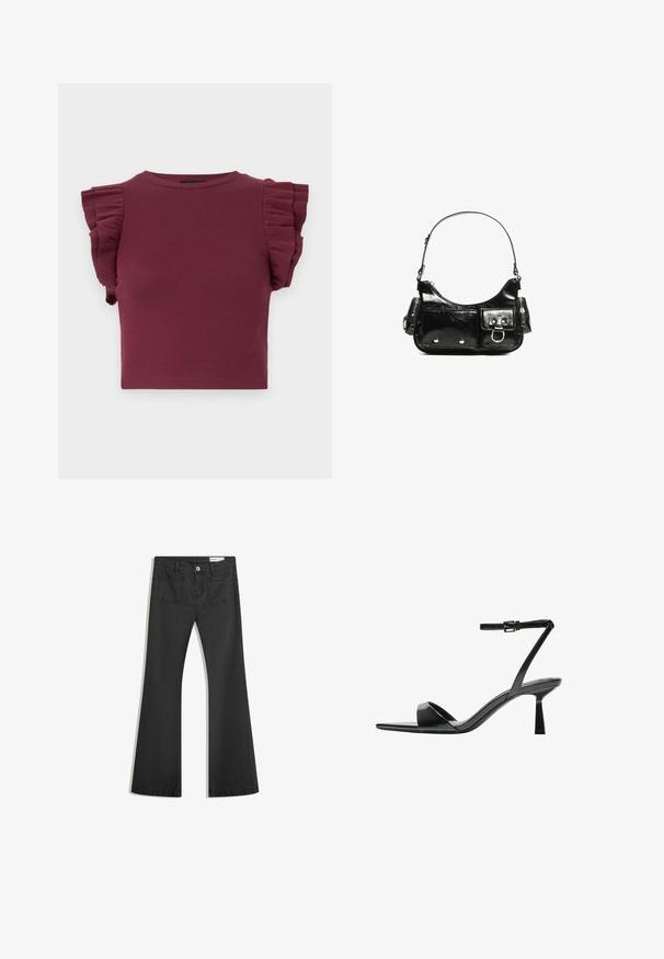 Burgundi csíkos, rövid fodros ujjú cropped felső, kerek nyakkivágással. Simára kialakított textúra és testhezálló dizájn, amely rétegezésre is alkalmas.; Fekete, sima textúrájú farmer flare nadrág, két hátsó zsebbel és gombos derékkal.; Bershka Magas sarkú szandálok - black; Fekete lakkbőr kézitáska ívelt formával, egy vállpánttal, elülső zsebekkel és ezüstszínű fémrészletekkel.
