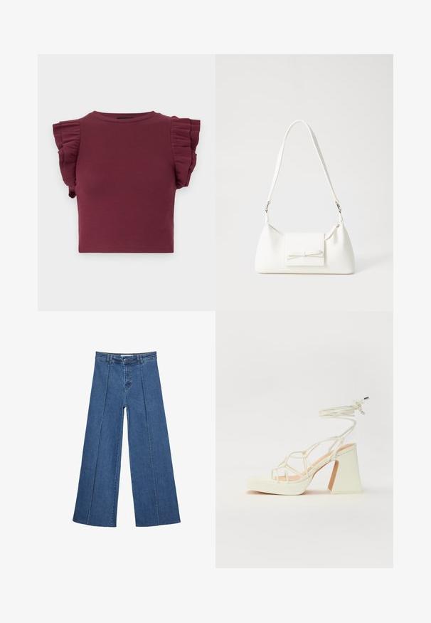 Burgundska rebrasta kratka majica s kratkimi oblaki in okroglo ovratnikom. Gladka tekstura in prilegajoča zasnova, primerna za plastenje.; Jeans širokih nogavic v srednji modri barvi, z visokim pasom, gumbom in kontrastnimi navpičnimi šivi spredaj.; Bela sandala na visokih petah s debelim petam, ki ima obliko trakcev in vezanje okoli gležnja. Gladka tekstura z platformo spredaj za dodatno višino.; Bela sintetična torbica v obliki trikotnika, z ravnim sprednjim poklopcem in detajlom mašne, nastavljivim trakom, gladko teksturo in minimalističnim dizajnom.