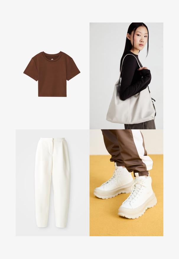 Brun kort t-shirt med rund halsringning, korta ärmar och en slät tygstruktur. Har minimalistisk branding vid halsringningen.; Höga, avsmalnande vita byxor med dolda framknäppningar och sidofickor, uppvisade mot en enfärgad vit bakgrund.; Vita högtoppsneakers med en kraftig, texturerad sula, som har en slät ovandel, rund tå och matchande snörning, placerade mot en gul bakgrund.; Beige handväska tillverkad av mjukt material, med en avslappnad design, sydda detaljer och två axelremmar. Lämplig för dagligt bruk.