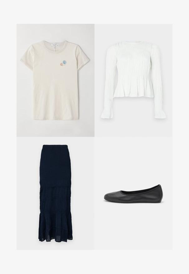 T-shirt en coton beige clair avec un col rond et des manches courtes. Présente de petits motifs de coquilles marines brodés dans des couleurs pastel.; Blouse blanche à manches longues avec des détails de tissu froncé, un corsage smocké et des poignets évasés sur un fond uni.; Jupe midi bleu marine smockée avec un ourlet à volants en plusieurs niveaux et un tissu texturé. Taille élastique pour un ajustement réglable.; Ballerines en cuir noir avec un bout rond, texture lisse, détails de couture minimalistes et design de semelle flexible.