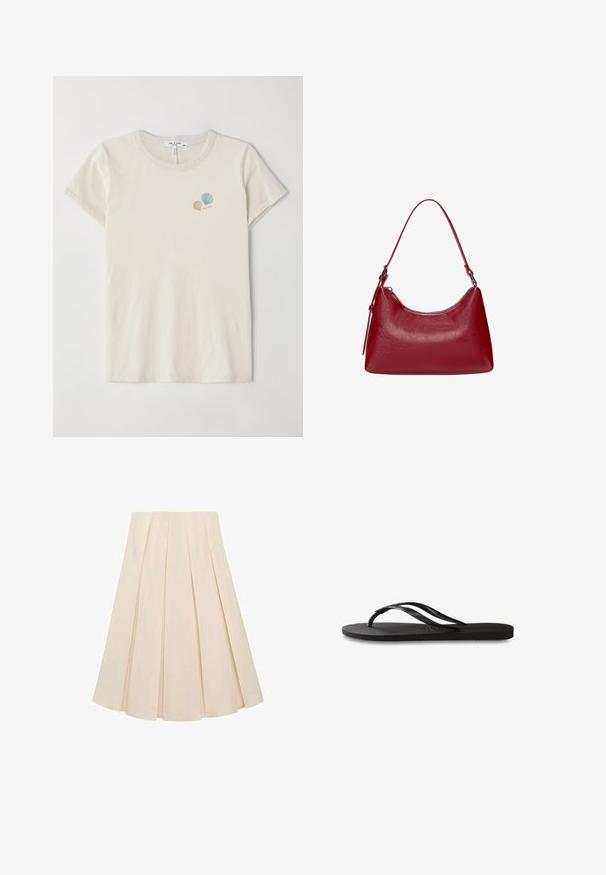 Tricou din bumbac bej deschis cu guler rotund și mâneci scurte. Prezintă mici modele brodate cu scoici în culori pastelate.; Fustă plisată dintr-un material de culoare crem; dispune de o textură moale, un design de lungime medie și plisuri simetrice care se extind de la talie până la tiv.; Încălțăminte tip flip-flop neagră cu o talpă din cauciuc texturat, două bretele subțiri și un detaliu discret, embosat cu logo pe bretea.; Geantă de umăr din piele roșie, cu un design curbat, textură netedă și închidere cu fermoar. Dispune de un mâner subțire pentru transport.