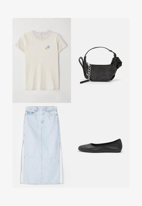 Camiseta de algodón color beige claro con cuello redondo y mangas cortas. Presenta pequeños diseños de conchas marinas bordados en colores pastel.; Falda maxi de mezclilla azul claro con corte recto, que presenta aberturas laterales y diseño de cinco bolsillos. Costuras prominentes y cierre de botón metálico.; Bailarina de piel negra con punta redondeada, textura suave, detalle de costura minimalista y diseño de suela flexible.; Bolso de mano negro con adornos de tachuelas, una correa de cadena y un asa de cuero suave, con forma redondeada y compartimento con cremallera.