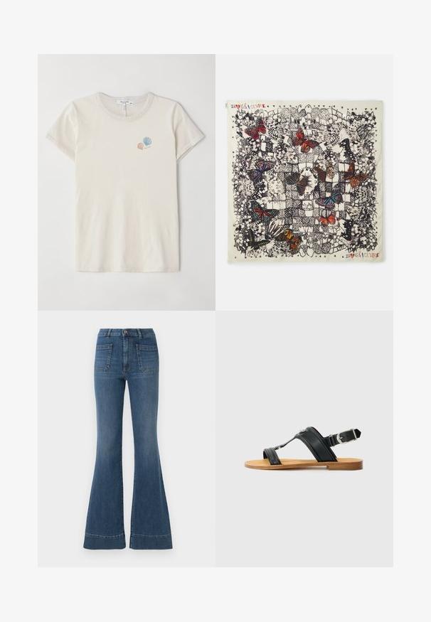Jasno-beżowa bawełniana koszulka z okrągłym dekoltem i krótkimi rękawami. Ma małe haftowane wzory muszelek w pastelowych kolorach.; Rozszerzane niebieskie dżinsy w średnim odcieniu, z wysokim stanem, pięcioma kieszeniami i delikatnym wyblaskiem w okolicach kolan i ud.; Czarne skórzane sandały z regulowanym zapięciem, płaską, brązową podeszwą oraz dwoma szerokimi paskami krzyżującymi się na stopie, minimalistyczny design.; Kwadratowy jedwabny szalik z szczegółowymi ilustracjami motyli w różnych kolorach na jasnym tle, z czarnymi konturami i dekoracyjnymi wzorami.