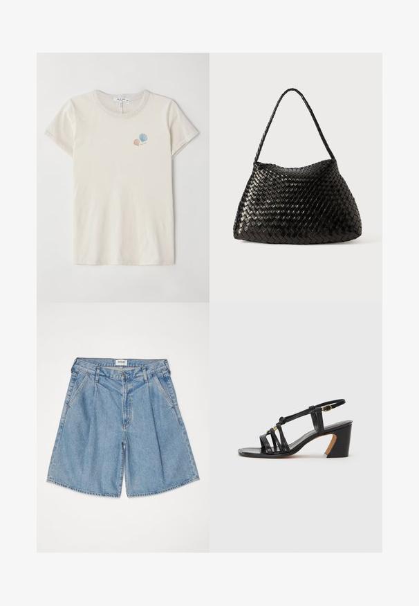 Hellbeige Baumwoll-T-Shirt mit Rundhalsausschnitt und kurzen Ärmeln. Verfügt über kleine gestickte Muschel-Designs in Pastellfarben.; Hellblaue Denim-Shorts mit lockerer Passform, hoher Taille, seitlichen Taschen und einem Knopfverschluss. Überall mit einem verblassten Effekt.; Paul Smith AMIRA - Pumps - black; Schwarze geflochtene Lederhandtasche mit einer geschwungenen, weichen Form und einem einzelnen geflochtenen Tragegurt, der eine glatte Textur und ein kunstvolles Muster aufweist.